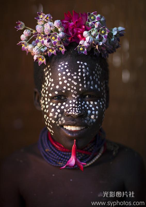 Kid With Flowers Decorations, Korcho, Omo Valley, Ethiopia